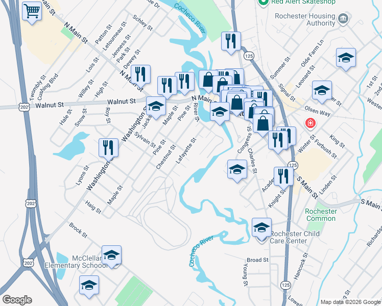 map of restaurants, bars, coffee shops, grocery stores, and more near 44 Lafayette Street in Rochester