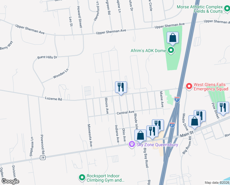 map of restaurants, bars, coffee shops, grocery stores, and more near 107 Adirondack Street in Queensbury
