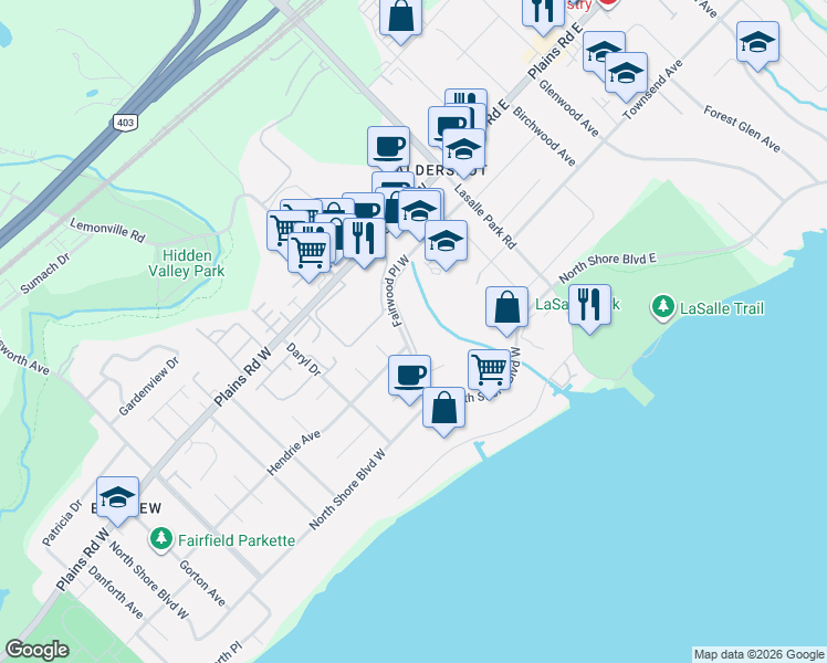 map of restaurants, bars, coffee shops, grocery stores, and more near 112 Fairwood Place West in Burlington