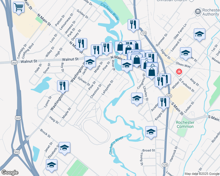 map of restaurants, bars, coffee shops, grocery stores, and more near 34 Lafayette Street in Rochester
