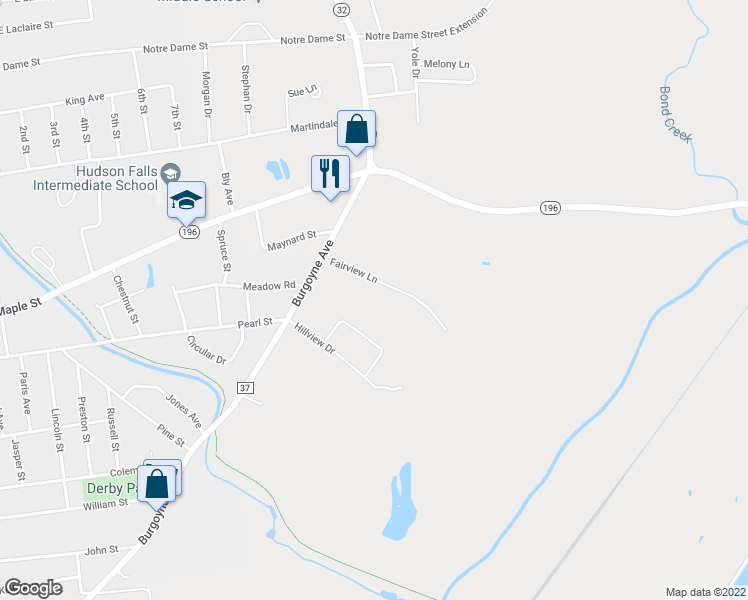 map of restaurants, bars, coffee shops, grocery stores, and more near 32 Fairview Lane in Hudson Falls