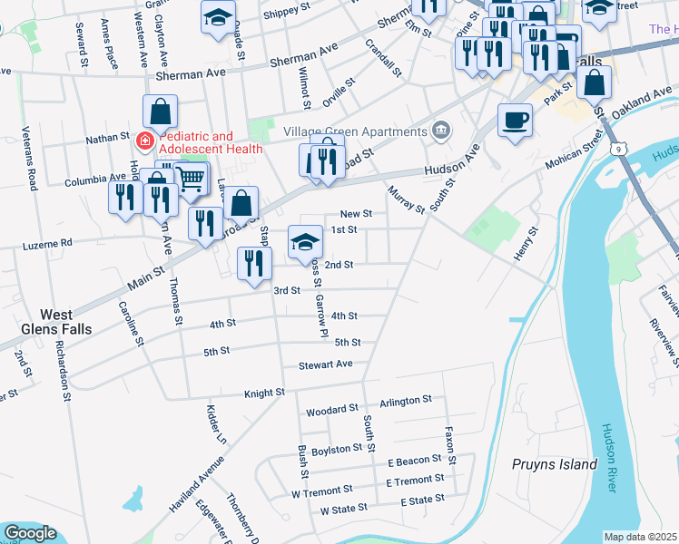 map of restaurants, bars, coffee shops, grocery stores, and more near 27 3rd Street in Glens Falls