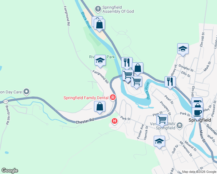map of restaurants, bars, coffee shops, grocery stores, and more near 13 Fairground Road in Springfield