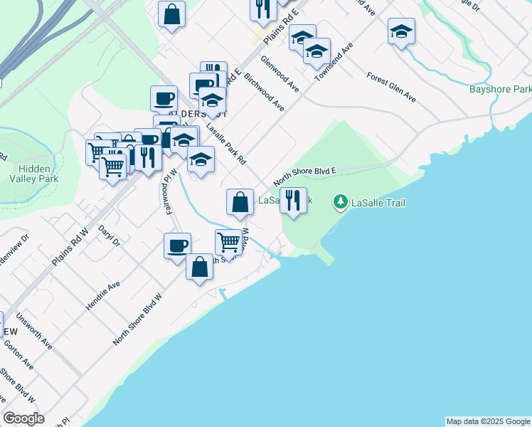 map of restaurants, bars, coffee shops, grocery stores, and more near 20 North Shore Boulevard West in Burlington