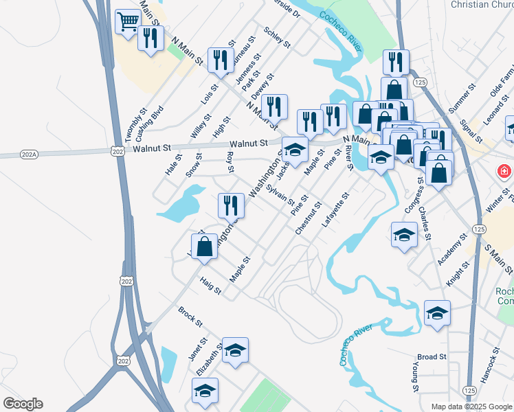 map of restaurants, bars, coffee shops, grocery stores, and more near 69 Maple Street in Rochester