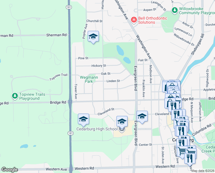map of restaurants, bars, coffee shops, grocery stores, and more near N73W7159 Walnut Street in West Bend