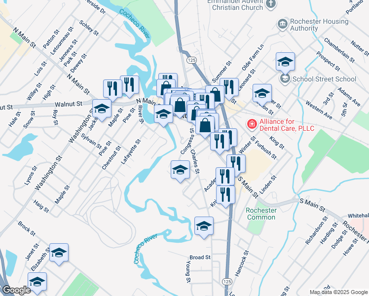 map of restaurants, bars, coffee shops, grocery stores, and more near 45 Congress Street in Rochester