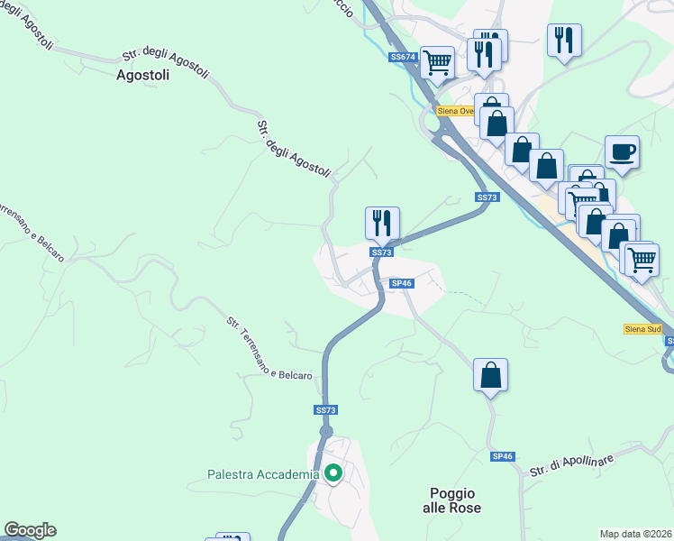 map of restaurants, bars, coffee shops, grocery stores, and more near in Siena