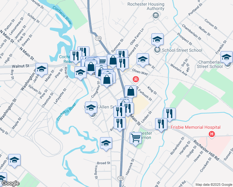 map of restaurants, bars, coffee shops, grocery stores, and more near 69 South Main Street in Rochester