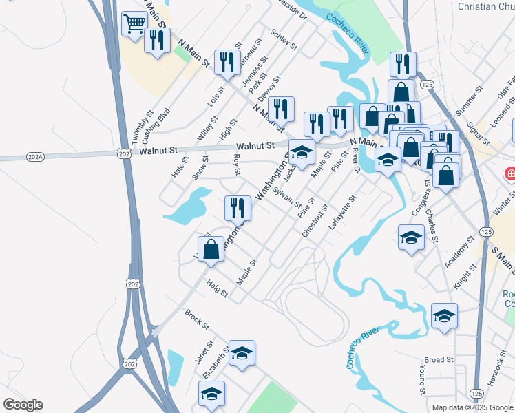 map of restaurants, bars, coffee shops, grocery stores, and more near 69 Maple Street in Rochester