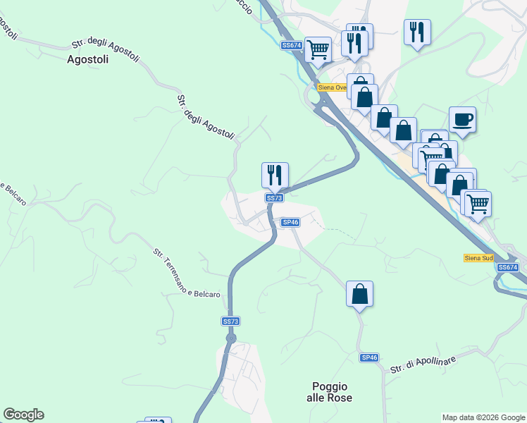 map of restaurants, bars, coffee shops, grocery stores, and more near 27 Strada Statale 73 Senese Aretina in Siena