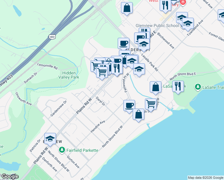 map of restaurants, bars, coffee shops, grocery stores, and more near 140 Plains Road West in Burlington