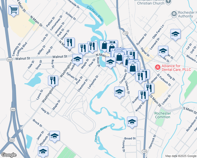 map of restaurants, bars, coffee shops, grocery stores, and more near 24 Gagne Street in Rochester