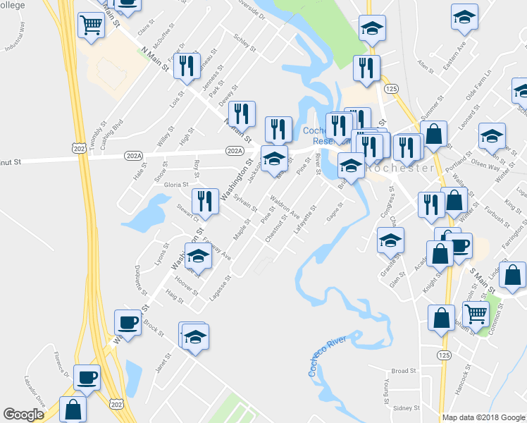 map of restaurants, bars, coffee shops, grocery stores, and more near 65 Pine Street in Rochester