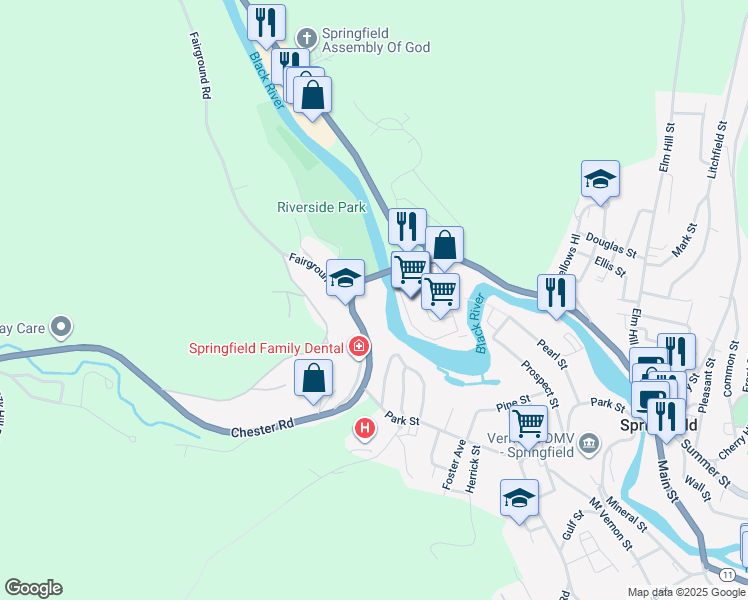 map of restaurants, bars, coffee shops, grocery stores, and more near 12 Chester Road in Springfield