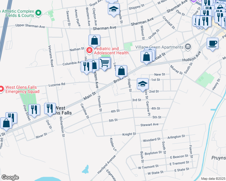 map of restaurants, bars, coffee shops, grocery stores, and more near 85 3rd Street in Glens Falls