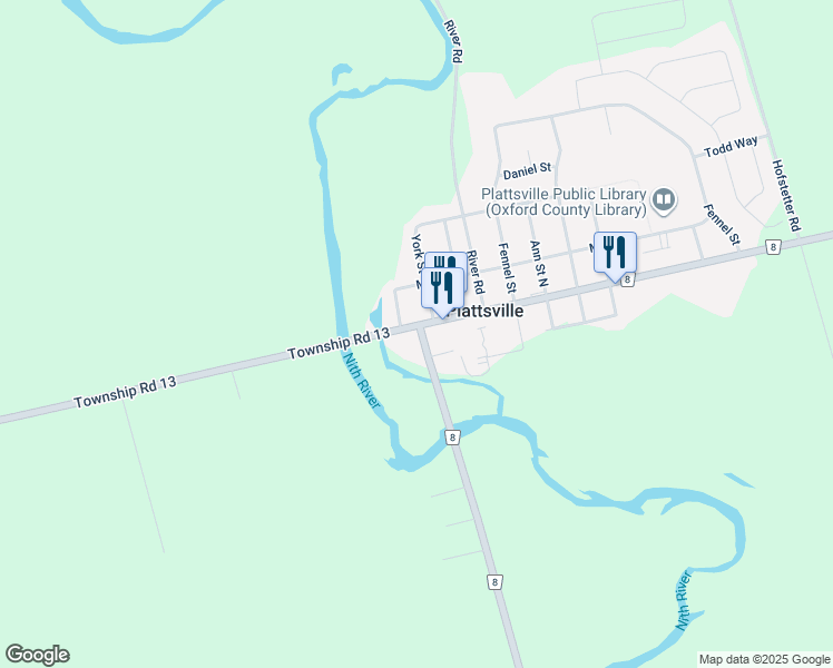 map of restaurants, bars, coffee shops, grocery stores, and more near 12 Douro Street in Plattsville