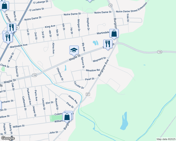 map of restaurants, bars, coffee shops, grocery stores, and more near 98 Lark Street in Hudson Falls