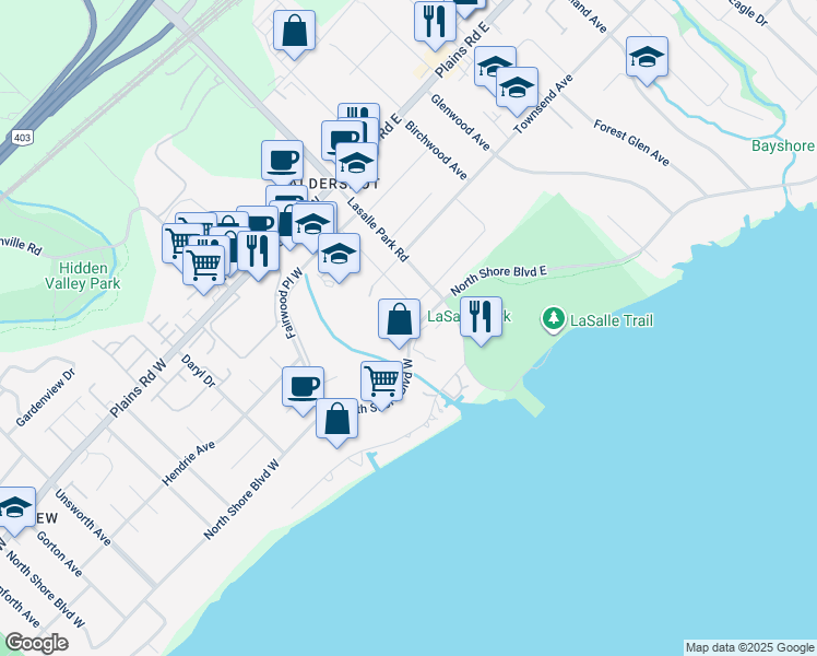 map of restaurants, bars, coffee shops, grocery stores, and more near 33 North Shore Boulevard West in Burlington