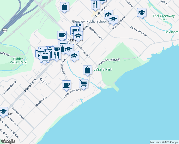 map of restaurants, bars, coffee shops, grocery stores, and more near 33 North Shore Boulevard West in Burlington