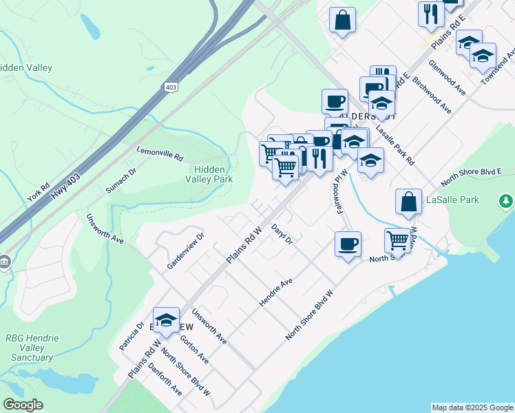 map of restaurants, bars, coffee shops, grocery stores, and more near 181 Plains Road West in Burlington