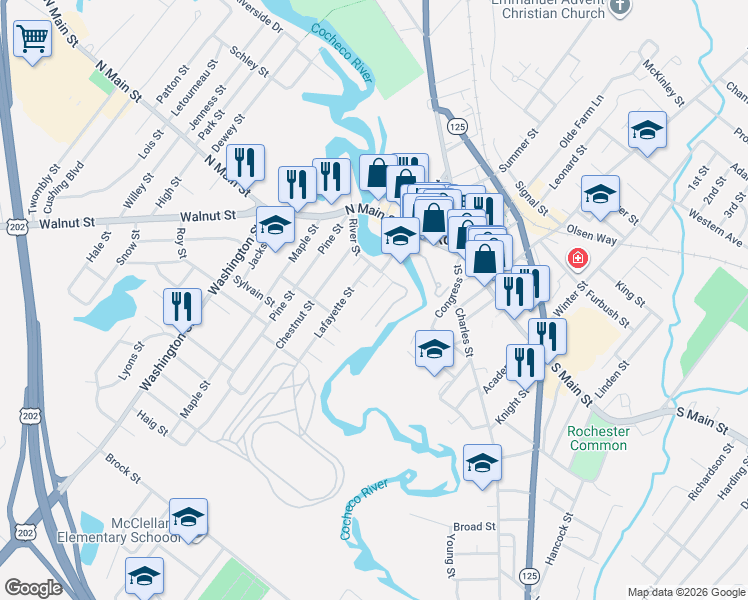 map of restaurants, bars, coffee shops, grocery stores, and more near 24 Gagne Street in Rochester