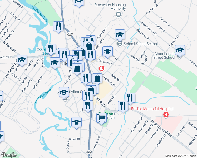 map of restaurants, bars, coffee shops, grocery stores, and more near 20A Winter Street in Rochester