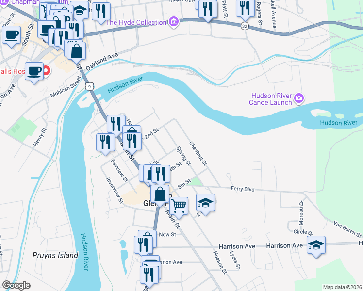 map of restaurants, bars, coffee shops, grocery stores, and more near 44 Spring Street in South Glens Falls