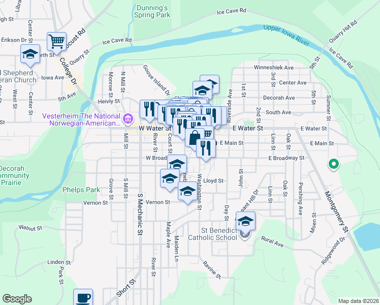 map of restaurants, bars, coffee shops, grocery stores, and more near 212 Winnebago Street in Decorah