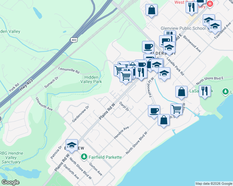 map of restaurants, bars, coffee shops, grocery stores, and more near 181 Plains Road West in Burlington