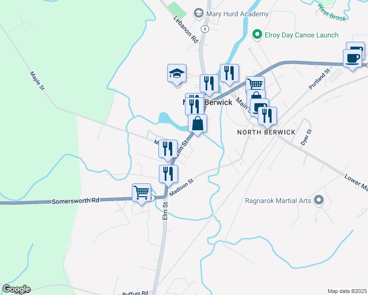 map of restaurants, bars, coffee shops, grocery stores, and more near 47 Elm Street in North Berwick