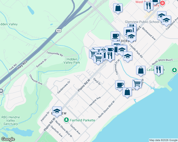 map of restaurants, bars, coffee shops, grocery stores, and more near 141-197 Plains Rd W in Burlington