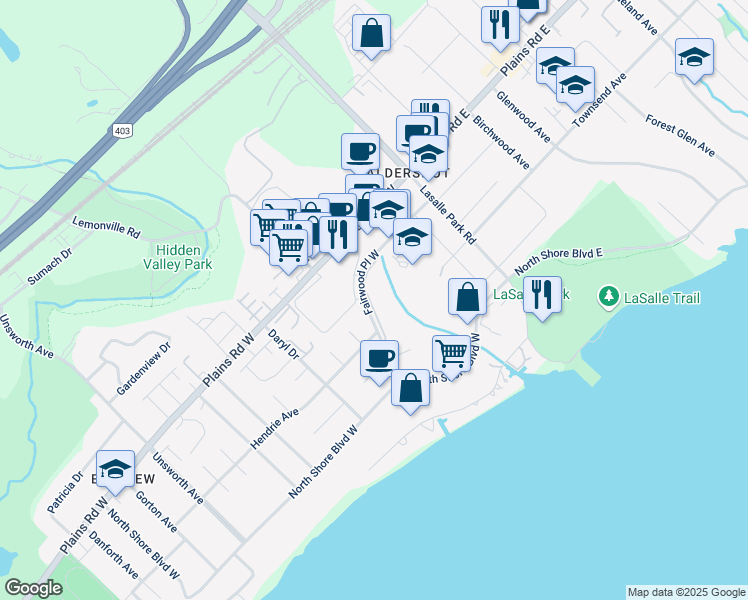 map of restaurants, bars, coffee shops, grocery stores, and more near 94 Fairwood Place West in Burlington