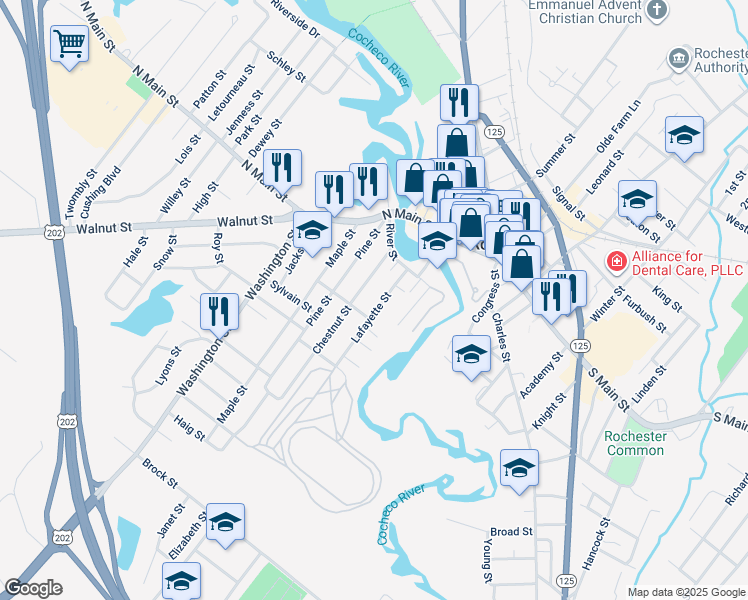 map of restaurants, bars, coffee shops, grocery stores, and more near 15 Chestnut Street in Rochester