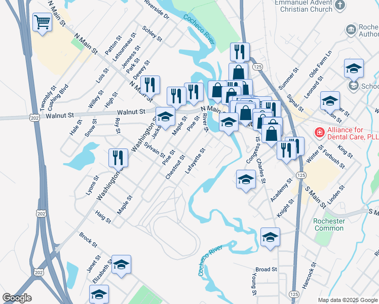 map of restaurants, bars, coffee shops, grocery stores, and more near 15 Chestnut Street in Rochester