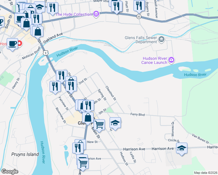 map of restaurants, bars, coffee shops, grocery stores, and more near 17 Chestnut Street in South Glens Falls
