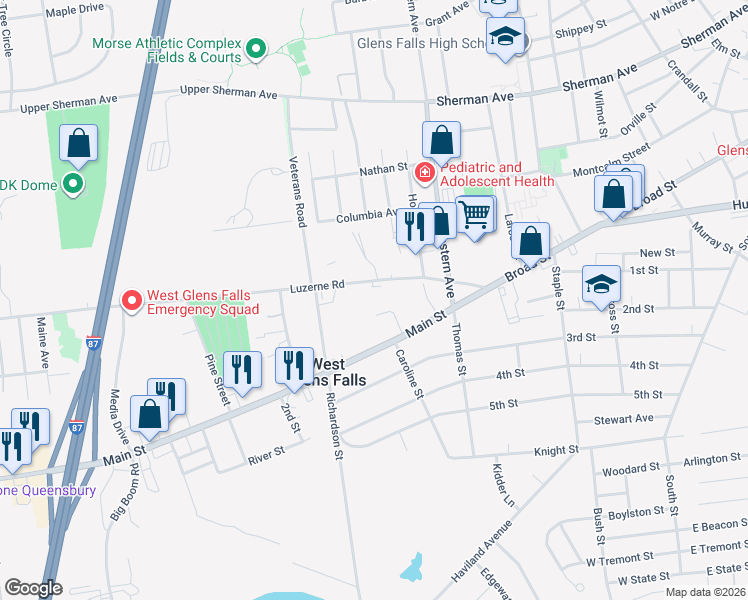 map of restaurants, bars, coffee shops, grocery stores, and more near 17 Luzerne Road in West Glens Falls