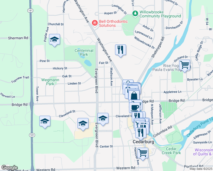 map of restaurants, bars, coffee shops, grocery stores, and more near W67N768 Franklin Avenue in Cedarburg