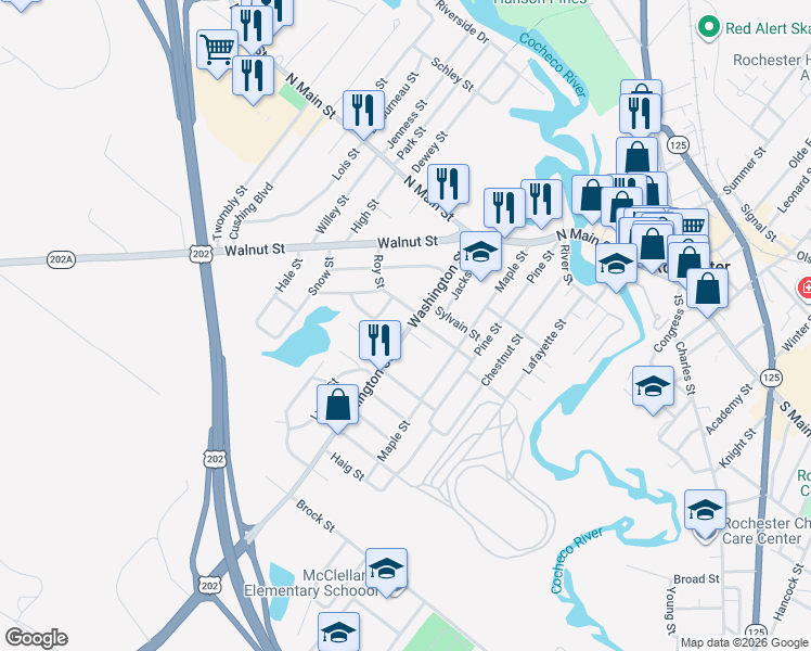 map of restaurants, bars, coffee shops, grocery stores, and more near 2 Roy Street in Rochester