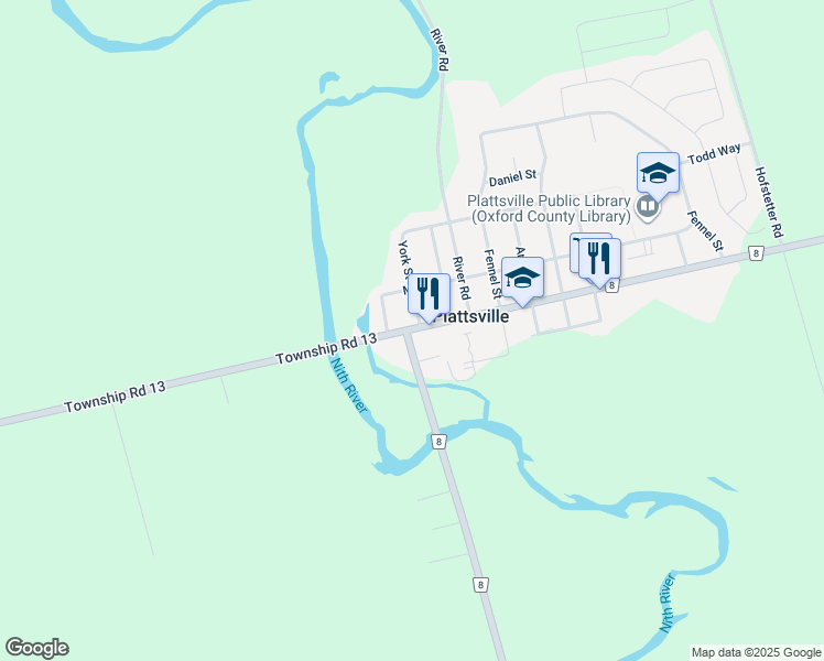 map of restaurants, bars, coffee shops, grocery stores, and more near 12 Douro Street in Plattsville