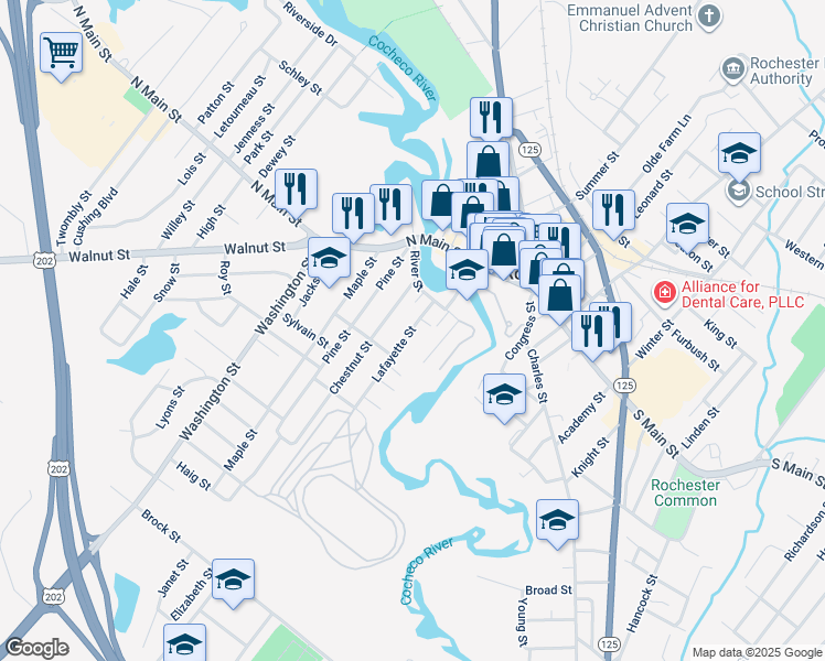 map of restaurants, bars, coffee shops, grocery stores, and more near 10 Lafayette Street in Rochester