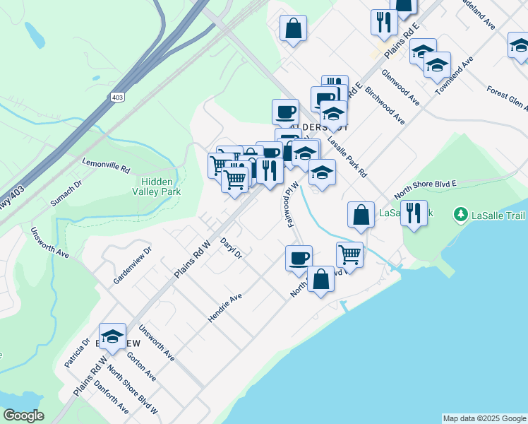 map of restaurants, bars, coffee shops, grocery stores, and more near 110 Plains Road West in Burlington