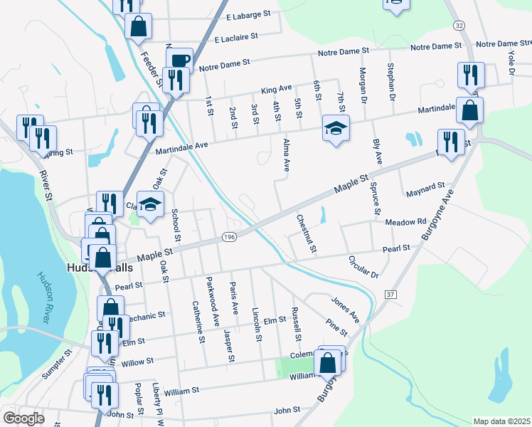map of restaurants, bars, coffee shops, grocery stores, and more near 18 Juckett Drive in Hudson Falls