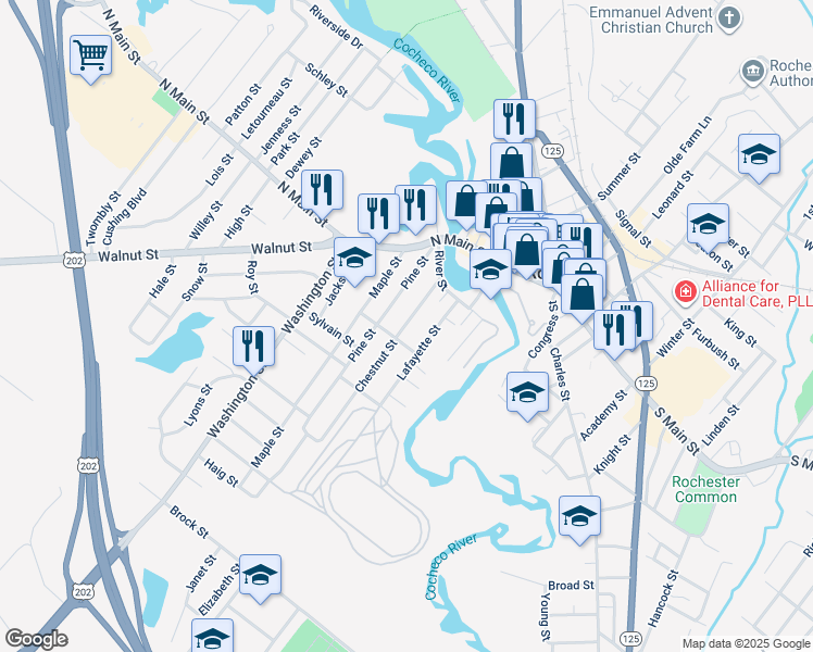 map of restaurants, bars, coffee shops, grocery stores, and more near 15 Chestnut Street in Rochester