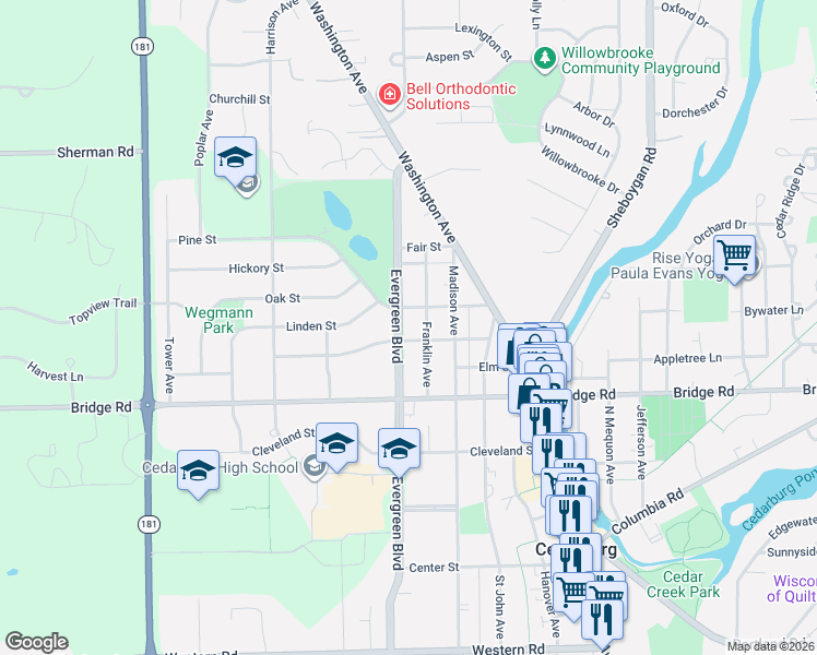 map of restaurants, bars, coffee shops, grocery stores, and more near W67N766 Evergreen Boulevard in Cedarburg