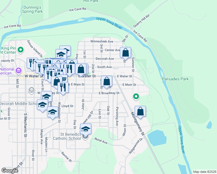 map of restaurants, bars, coffee shops, grocery stores, and more near 198 Linn Street in Decorah