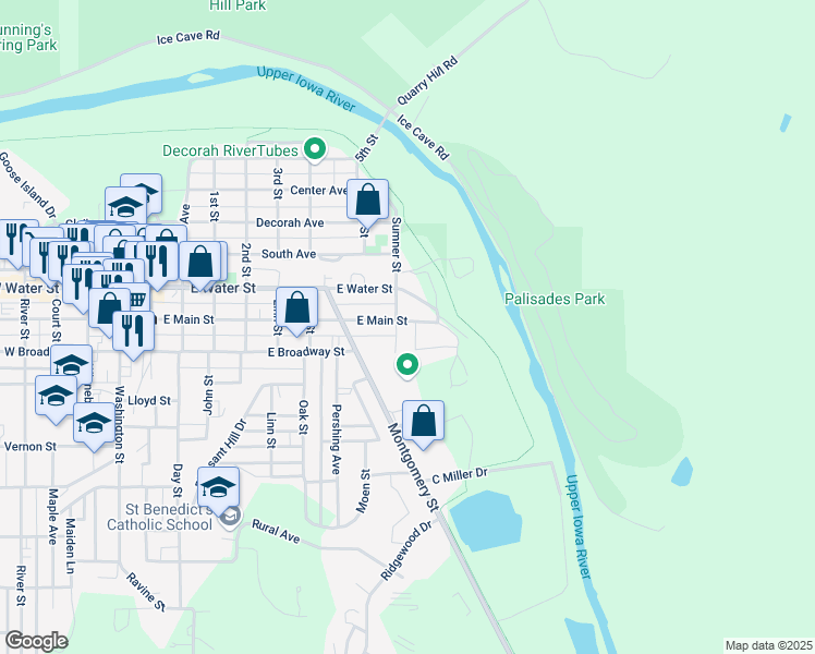 map of restaurants, bars, coffee shops, grocery stores, and more near 304 Sumner Street in Decorah