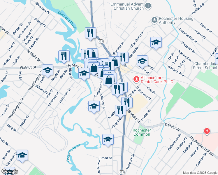 map of restaurants, bars, coffee shops, grocery stores, and more near 21 South Main Street in Rochester