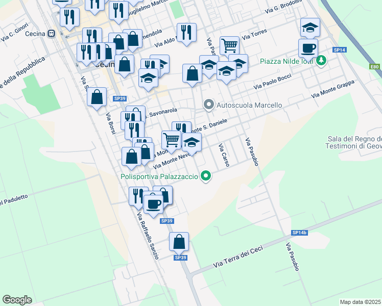 map of restaurants, bars, coffee shops, grocery stores, and more near 54 Via Montegrappa in Cecina