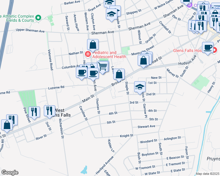 map of restaurants, bars, coffee shops, grocery stores, and more near 186 Broad Street in Glens Falls